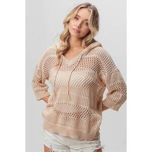 NEW BIBI open knit v-neck hooded lightweight cover up in oatmeal